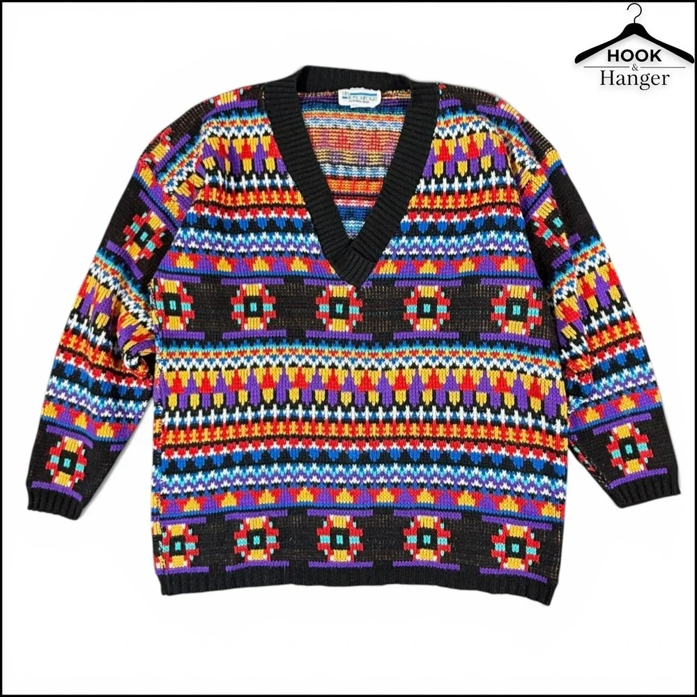 In Resource Doris Skis V-Neck Sweater M Black Colorful Vintage 90s USA Geometric